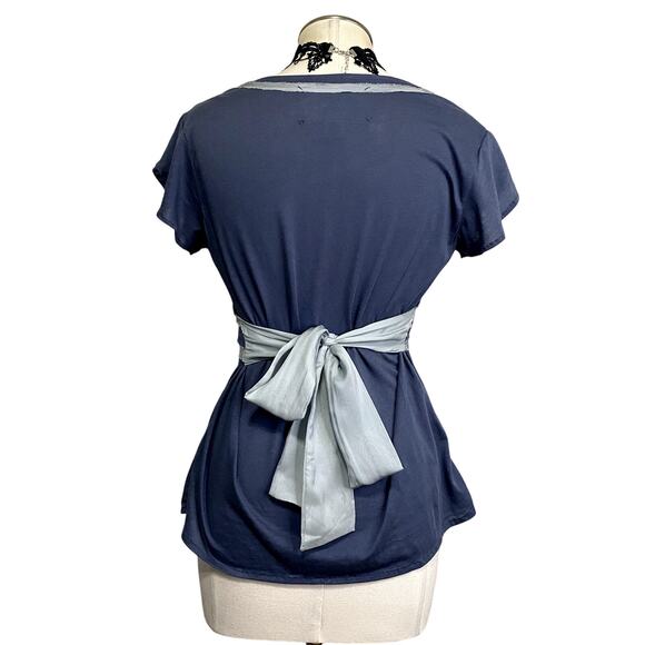 Deletta Coquette Cottage Core Tie Back Blue Rose Blouse - Picture 6 of 11